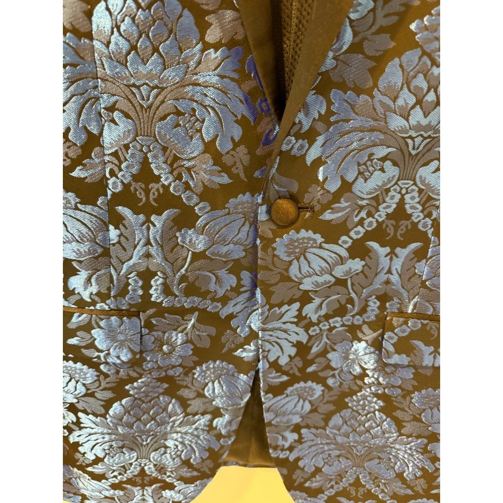 Kilburne & Finch Blue Floral Damask Jacquard Shawl Lapel Tuxedo Jacket 38L